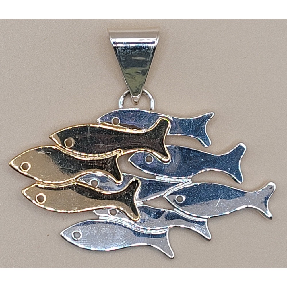 Two Tone School of Fish Pendant Nautical Silver Gold Tone Ocean Jewelry
